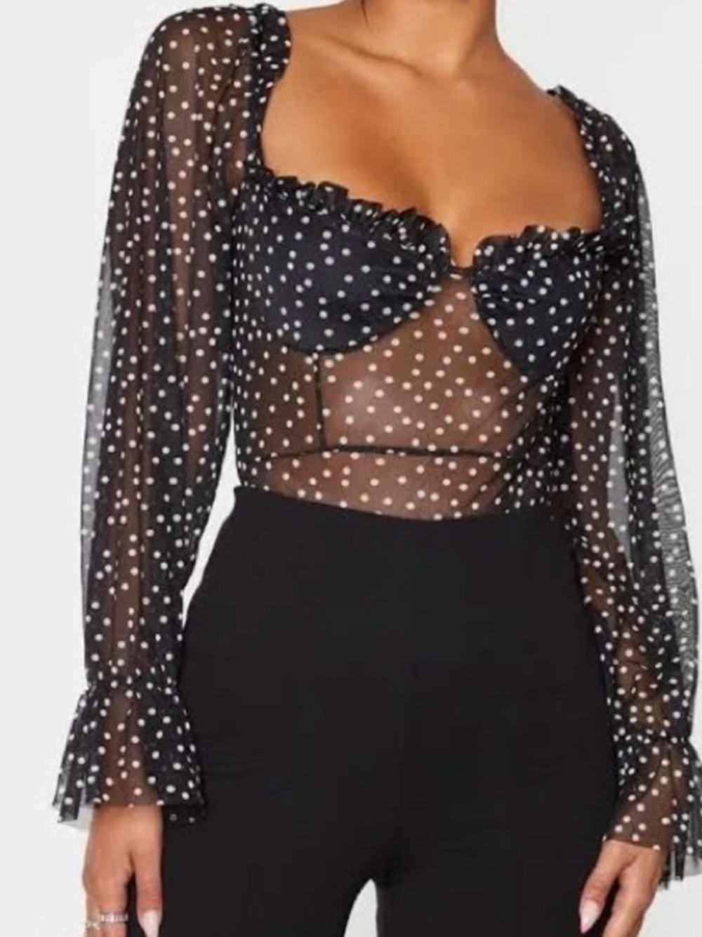 PrettyLittleThing Black and White Polka Dot Sheer Long Sleeve Bodysuit